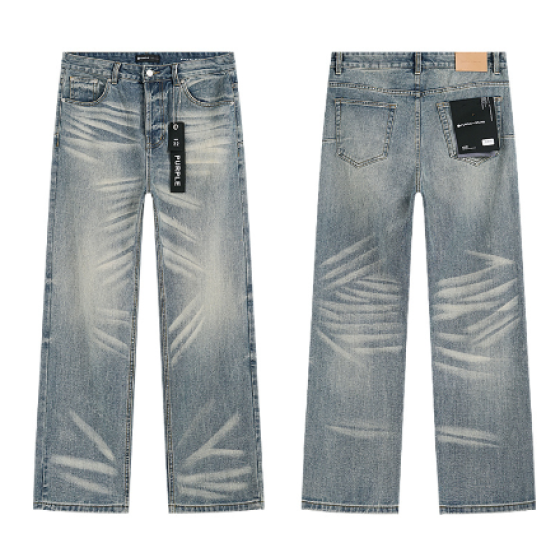 Light Blue Washed Wide-Leg Denim Jeans with Natural Whiskering Fading
